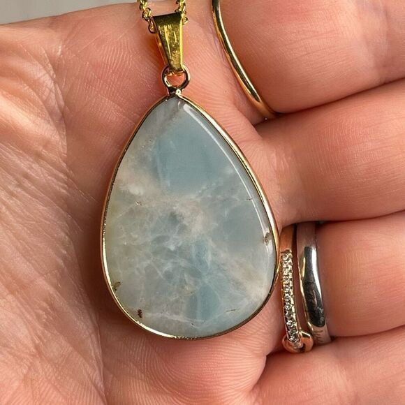 Amazonite gold tone raindrop pendant wrapped 1.5” gold tone stainless steel - Picture 8 of 9
